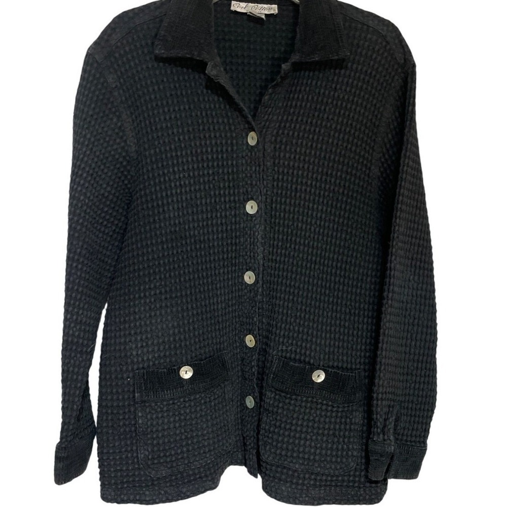 Cool Cotton Black Waffle Knit Button Front Jacket Corduroy Trim Made in USA L
